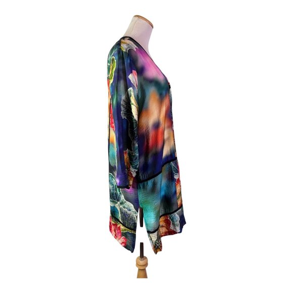 Ali Miles Size L Open-Front Kimono Jacket Water Lillies Print Colorful - Picture 6 of 8